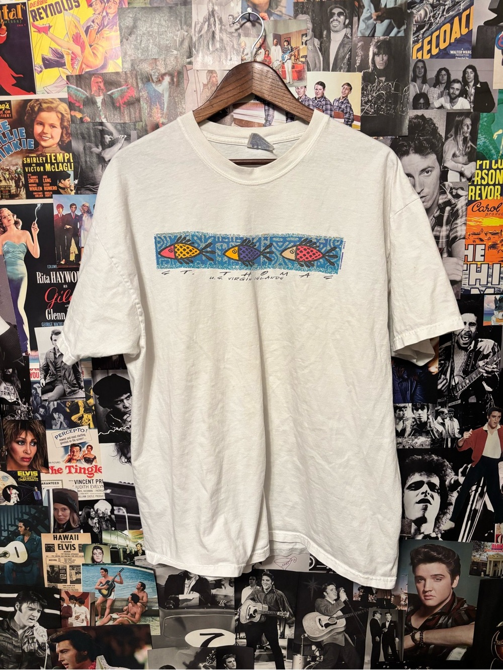 Hanes Cream Short Sleeve T-Shirt with Blue, Yellow & Red Fish Graphic